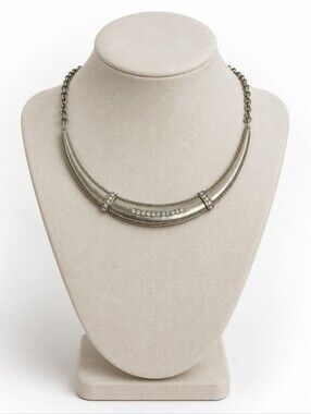 Chico's "Daryia" Brushed Silver Tone Crystal Crescent Collar Necklace